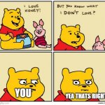 Winnie the Pooh dont like | YOU; YEA THATS RIGHT | image tagged in winnie the pooh dont like | made w/ Imgflip meme maker