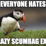 Popular opinion puffin | EVERYONE HATES CRAZY SCUMBAG EXES | image tagged in popular opinion puffin | made w/ Imgflip meme maker