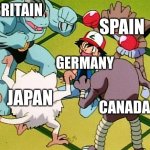 Minecraft world meme | BRITAIN; SPAIN; GERMANY; CANADA; JAPAN | image tagged in pokemon gang | made w/ Imgflip meme maker