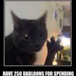 Dabloons Cat | HAVE 250 DABLOONS FOR SPENDING | image tagged in dabloons cat | made w/ Imgflip meme maker