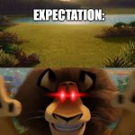 Expectation VS Reality | EXPECTATION:; REALITY: | image tagged in alex the lion jumpscare,expectation vs reality | made w/ Imgflip meme maker