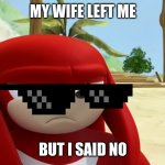 its a mema | MY WIFE LEFT ME; BUT I SAID NO | image tagged in knuckles is not impressed - sonic boom | made w/ Imgflip meme maker