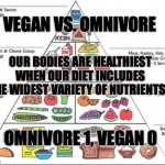Healthy Diet | VEGAN VS. OMNIVORE; OUR BODIES ARE HEALTHIEST WHEN OUR DIET INCLUDES THE WIDEST VARIETY OF NUTRIENTS? OMNIVORE 1, VEGAN 0 | image tagged in food pyramid,diet,health | made w/ Imgflip meme maker
