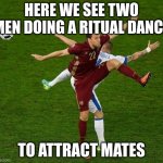 soccer players dancing | HERE WE SEE TWO MEN DOING A RITUAL DANCE; TO ATTRACT MATES | image tagged in soccer players dancing | made w/ Imgflip meme maker
