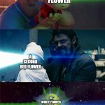genes what happened | A RED FLOWER; A SECOND RED FLOWER; A WHITE FLOWER FOR SOME REASON | image tagged in sully wazowski laser | made w/ Imgflip meme maker