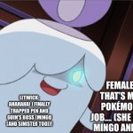 Who could rescue them?! | FEMALE GHOST: THAT’S MY CANDLE POKÉMON…. GOOD JOB…. (SHE HYPNOTIZES MINGO AND SINISTER); LITWICK: AHAHAHA! I FINALLY TRAPPED PEN AND GUIN’S BOSS (MINGO (AND SINISTER TOO))! | image tagged in destruction litwick,rescue | made w/ Imgflip meme maker