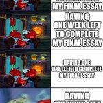 Me during finals week | HAVING ONE MONTH LEFT TO COMPLETE MY FINAL ESSAY; HAVING ONE WEEK LEFT TO COMPLETE MY FINAL ESSAY; HAVING ONE DAY LEFT TO COMPLETE MY FINAL ESSAY; HAVING ONE HOUR LEFT TO COMPLETE MY FINAL ESSAY | image tagged in shocked mr krabs | made w/ Imgflip meme maker