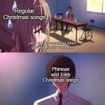 There are a couple of P&F Christmas songs that I'm not so fond of, but for the most part this holds true. | Regular Christmas songs; Phineas and Ferb Christmas songs | image tagged in but i am superior,phineas and ferb | made w/ Imgflip meme maker