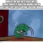 arguments actually be like | WHEN YOU ARE IN A FIGHT WITH YOUR PARENTS AND YOU KNOW YOU'RE RIGHT BUT THEY KEEP SAYING YOU ARE WRONG; *visible frustration | image tagged in plankton angry | made w/ Imgflip meme maker