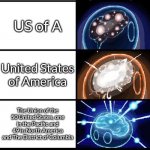 why | USA; US of A; United States of America; The Union of the 50 United States, one in the Pacific and 49 in North America and The District of Columbia; The Union of the 50 United States with one in the Pacific, 49 in North America, and 5 Unincorporated Territories, 2 in the Caribbean and 3 in the Pacific as well as other Uninhabited Islands and Atolls and the District of Columbia; The Capital City of the United States of America | image tagged in polandball expanding brain 2 | made w/ Imgflip meme maker