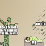 Soldier not protecting child | THE REAL WORLD; SCHOOLS THINKING THEY ARE HELPING W THE REAL WORLD; ME | image tagged in soldier not protecting child | made w/ Imgflip meme maker
