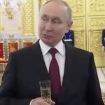 impressed Putin drunk with champagne glass in habd