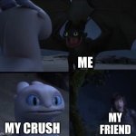 Also known as seventh grade | ME; MY FRIEND; MY CRUSH | image tagged in how to train your dragon 3 | made w/ Imgflip meme maker