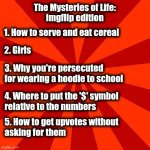 Just some observations | The Mysteries of Life:
imgflip edition; 1. How to serve and eat cereal; 2. Girls; 3. Why you're persecuted for wearing a hoodie to school; 4. Where to put the '$' symbol
relative to the numbers; 5. How to get upvotes without
asking for them | image tagged in red blank background,memes,imgflip,mysteries of life | made w/ Imgflip meme maker