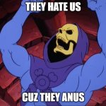 Skeletor | THEY HATE US; CUZ THEY ANUS | image tagged in skeletor | made w/ Imgflip meme maker