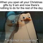 Except using them | When you open all your Christmas gifts by 9 am and now there’s nothing to do for the rest of the day | image tagged in private internal screaming,memes,funny,true story,christmas,relatable memes | made w/ Imgflip meme maker