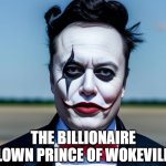 Elon Musk has twitter under control!!! | THE BILLIONAIRE CLOWN PRINCE OF WOKEVILLE | image tagged in elon musk joker | made w/ Imgflip meme maker