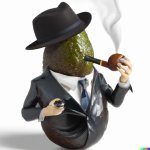 Hyper realistic image of a well dressed avocado smoking a pipe