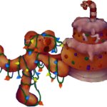 Illuminated bear running with cake