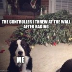 innocent dog | THE CONTROLLER I THREW AT THE WALL
AFTER RAGING; ME | image tagged in innocent dog | made w/ Imgflip meme maker
