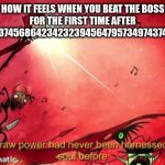A moral soul had never harnessed such power before | HOW IT FEELS WHEN YOU BEAT THE BOSS FOR THE FIRST TIME AFTER 9784976487537456864234232394564795734974374659346 TRYS | image tagged in a moral soul had never harnessed such power before | made w/ Imgflip meme maker