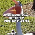 the return of the probably forgotten person | THE RANDOM PERSON REPLYING TO MY MEME FROM 3 YEARS AGO; ME FORGETTING THIS EXISTS | image tagged in pelican mouth | made w/ Imgflip meme maker