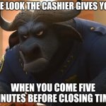 Chief Bogo is Displeased | THE LOOK THE CASHIER GIVES YOU; WHEN YOU COME FIVE MINUTES BEFORE CLOSING TIME | image tagged in chief bogo mad,zootopia,the face you make when,cashier,funny,memes | made w/ Imgflip meme maker