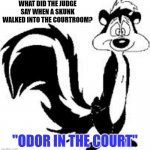Daily Bad Dad Joke Dec 13th 2022 | WHAT DID THE JUDGE SAY WHEN A SKUNK WALKED INTO THE COURTROOM? "ODOR IN THE COURT" | image tagged in pepe le pew sad | made w/ Imgflip meme maker