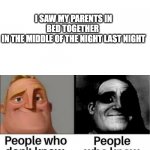 I just... I really hope you don't... | I SAW MY PARENTS IN BED TOGETHER 
IN THE MIDDLE OF THE NIGHT LAST NIGHT | image tagged in people who don't know / people who know meme | made w/ Imgflip meme maker