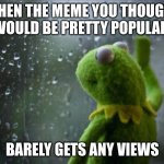 We all wish our memes were more popular... | WHEN THE MEME YOU THOUGHT WOULD BE PRETTY POPULAR; BARELY GETS ANY VIEWS | image tagged in sad kermit,fax,memes,relatable,so true | made w/ Imgflip meme maker