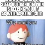 Ow | WHEN YOU WANT TO SLEEP BUT RANDOM PAIN IS KEEPING YOU UP, AS WELL AS BEING COLD | image tagged in blank why must you hurt me | made w/ Imgflip meme maker