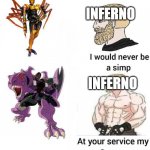 Inferno knows who his Queen is | INFERNO; INFERNO | image tagged in i would never be simp,transformers,beast wars | made w/ Imgflip meme maker