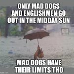 English people not to be defeated by the British summer. Just a drop of rain really... Cuppa, anyone? | ONLY MAD DOGS AND ENGLISHMEN GO OUT IN THE MIDDAY SUN; MAD DOGS HAVE THEIR LIMITS THO | image tagged in umbrella,english,rain,weather,british,summer | made w/ Imgflip meme maker
