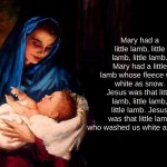 Mary and baby Jesus | Mary had a little lamb, little lamb, little lamb. Mary had a little lamb whose fleece was white as snow. Jesus was that little lamb, little lamb, little lamb. Jesus was that little lamb who washed us white as snow. | image tagged in mary and baby jesus | made w/ Imgflip meme maker