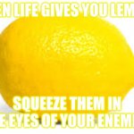 Fr | WHEN LIFE GIVES YOU LEMONS; SQUEEZE THEM IN THE EYES OF YOUR ENEMIES | image tagged in when life gives you lemons x,funny | made w/ Imgflip meme maker