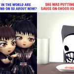 Su-Metal getting compulsive | SHE WAS PUTTING CHOCO SAUCE ON CHOCO ICE CREAM. WHAT IN THE WORLD ARE YOU PICKING ON SU ABOUT NOW? | image tagged in babymetal,moametal,su-metal,kobametal | made w/ Imgflip meme maker