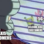 5G rollout Malaysia | 5G; CELCOM-DIGI 
CUSTOMERS; MAXIS 
CUSTOMERS | image tagged in spongebob looking out window | made w/ Imgflip meme maker
