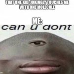 can u dont meme | THAT ONE KID: JOKINGLY TOUCHES ME
WITH ONE MOLECULE; ME: | image tagged in can u dont meme | made w/ Imgflip meme maker