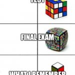 Rubik's Cube Comparison | TEST; FINAL EXAM; WHAT I REMEMBER | image tagged in rubik's cube comparison | made w/ Imgflip meme maker