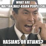 huh | WHAT ARE HALF-HAITIAN,HALF-ASIAN PEOPLE CALLED? HASIANS OR ATIANS? | image tagged in yelling asian guy | made w/ Imgflip meme maker