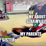 Tom and Jerry train | ME ABOUT TO SLAP MY SISTER; MY PARENTS; MY SISTER | image tagged in tom and jerry train | made w/ Imgflip meme maker