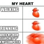 Heart rate | WALKING; RUNNING; WHEN MY MOM SEARCHES "P" ON MY COMPUTER | image tagged in heart rate | made w/ Imgflip meme maker
