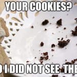 cookies? | YOUR COOKIES? NO I DID NOT SEE  THEM | image tagged in crumbs | made w/ Imgflip meme maker