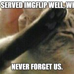 goodbye | YOU HAVE SERVED IMGFLIP WELL, WHO_AM_I. NEVER FORGET US. | image tagged in cat of honor | made w/ Imgflip meme maker
