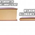 Big Book and Small Book | THE AMOUNT OF SNACKS I WANT TO BUY; MY MOM'S ALLOWANCE LIMIT | image tagged in big book and small book | made w/ Imgflip meme maker
