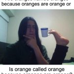 My brain exploded while making this | Are oranges named oranges because oranges are orange or; Is orange called orange because oranges are orange? | image tagged in hmmmm,memes,funny,wait what,wtf,orange | made w/ Imgflip meme maker