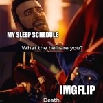 What the hell are you? Death | MY SLEEP SCHEDULE; IMGFLIP | image tagged in what the hell are you death | made w/ Imgflip meme maker