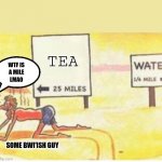British man in desert | TEA; WTF IS
A MILE
LMAO; SOME BWI'ISH GUY | image tagged in desert-man,british,tea,desert | made w/ Imgflip meme maker