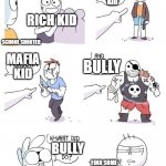 da school gang | QUIET KID; RICH KID; SCHOOL SHOOTER; BULLY; MAFIA KID; BULLY; FIND SOME BUDDY AND CREATED A STUPID FIGHT. | image tagged in welcome to the gang kid | made w/ Imgflip meme maker