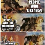 Godzilla Fan battle royal | PEOPLE WHO LIKE HEISEI; PEOPLE WHO LIKE SHOWA SERIES; PEOPLE WHO LIKE 1954; PEOPLE WHO LIKE MILLENIUM; PEOPLE WHO LIKE REIWA; PEOPLE WHO ENJOY GODZILLA 1998 | image tagged in godzilla vs king kong vs doge vs buff doge vs tom,godzilla,chase,chaos,funny memes | made w/ Imgflip meme maker
